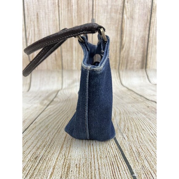 Vtg Y2K Small Denim Handbag Faux Leather Lace Up Front Blue Jean Shoulder Bag - Picture 5 of 15